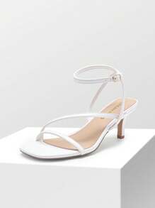Women Minimalist Low Kitten Heeled Sandals Open Square Toe Ankle Strap Sexy Dress Shoes For Autumn Wedding Party Prom Wearing - White - View 1