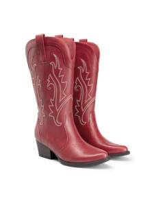 Women's Western Cowboy Boots Slip On Fashion Embroidery Pointed Toe Low Heel Chunky Outdoor Commuter Mid-Calf Black Boots - 紅色 - 查看 5