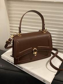 优雅纯色时尚手提包，复古女式翻盖钱包，PU 斜挎单肩包，带顶部提手