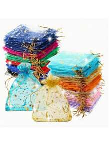 10pcs/Pack Organza Gift Bags With Golden/Silver Foil Star & Moon Print, Drawstring Jewelry/Cosmetic Pouches - Multicolor - View 3