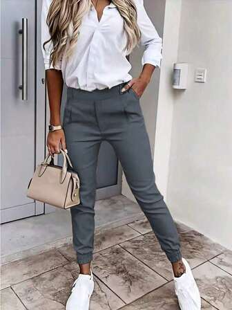 Plus Size Women's Solid Color Skinny Casual Pants With Pockets, Spring/Summer