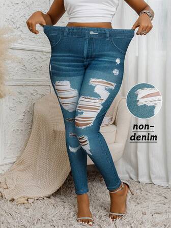 大码破洞印花紧身牛仔裤，街头时尚女式高弹力休闲长裤