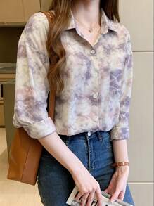 Women's Casual Tie-Dye Front Button Pocket Long Sleeve Shirt - Apricot - View 3