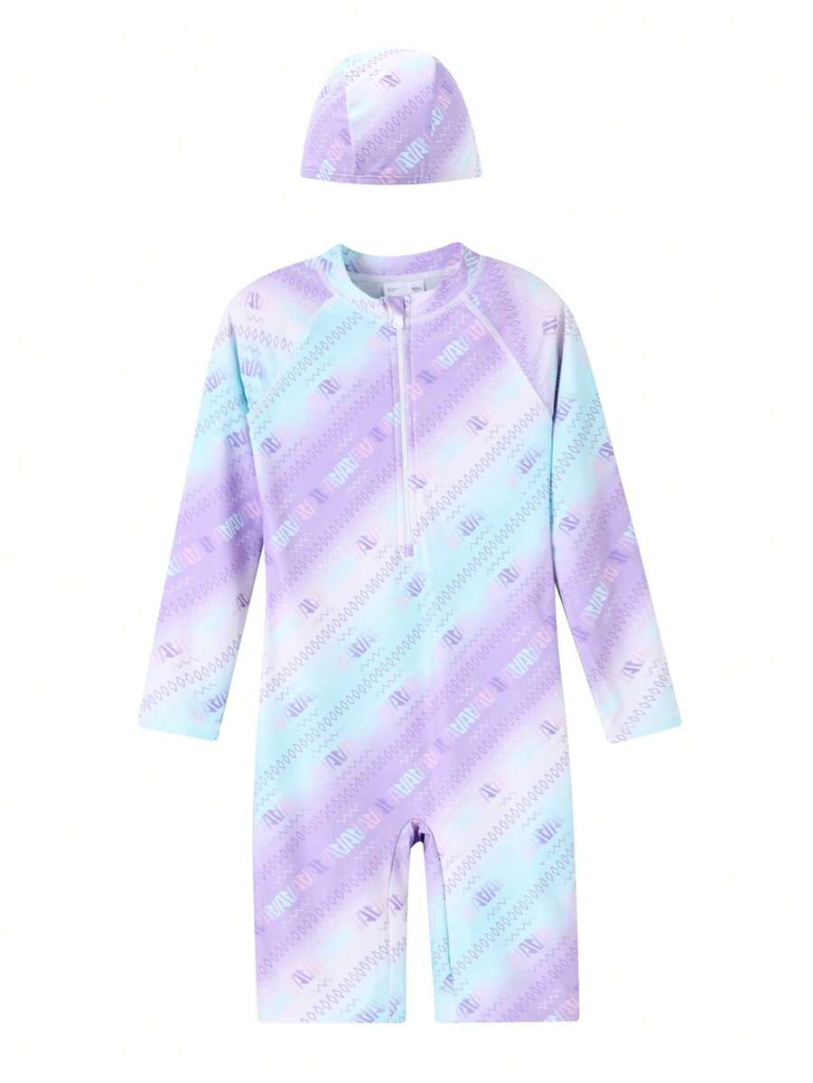 Tween Girl Clothing For Girls Tween Girl Swimwear One-Piece Long Sleeve Suit Summer - Purple - View 1