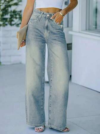 大码女式休闲直筒洗水牛仔裤