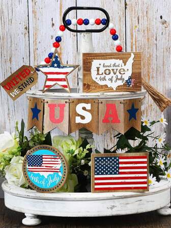 10 件/套 7 月 4 日 2D 木制分层托盘装饰品适用于美国节日主题派对厨房桌面装饰，质朴迷你美国独立日木制标志适用于农舍餐桌装饰（不含托盘）