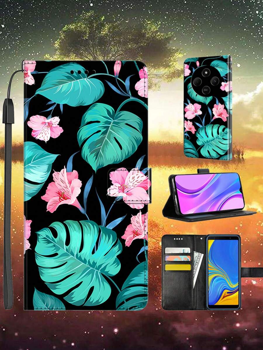 Phone Case With Floral And Leaf Design, Wallet/Card Holder, Stand Function For Honor, Redmi Phones, Gift With Lanyard