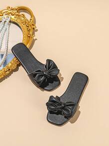 Girls' Bow Decor Fashion Square Toe Flat Slide Sandals