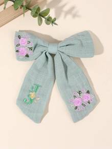 1pc Light Blue Linen Bow Hair Clip, Floral Letter Embroidered Hair Pin, Adjustable Bohemian Style Hair Accessory, Suitable For Spring Birthday And Daily Wear, Exquisite Embossed Plant Letter Pattern Hair Clip - Multicolor - View 12