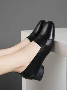 Women's Round-Toe High Heels, Chunky Heel Fashion Soft Bottom Work Shoes, Slip-On, Black, Suitable For All Seasons - Black - View 1