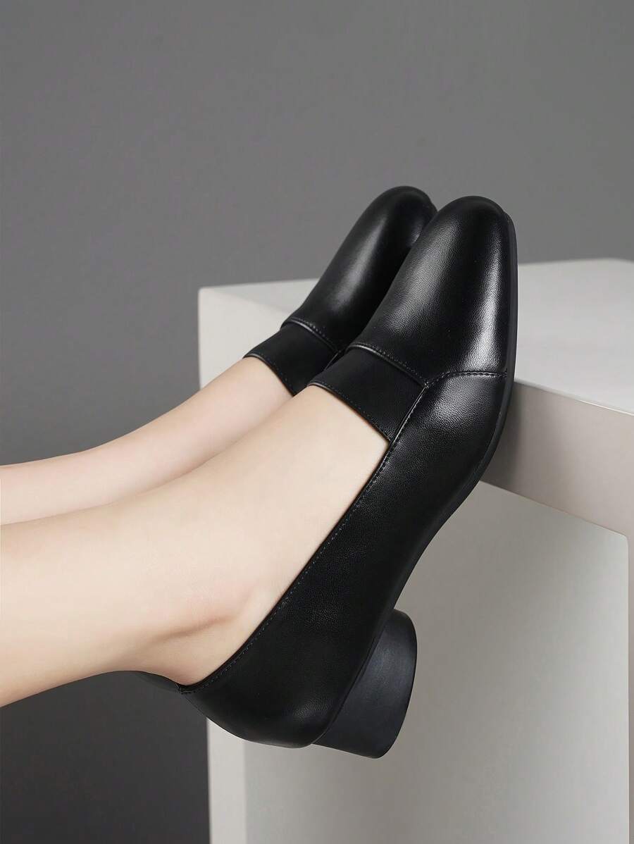 Women's Round-Toe High Heels, Chunky Heel Fashion Soft Bottom Work Shoes, Slip-On, Black, Suitable For All Seasons - Black - View 1