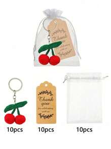 30 Stück/15 Stück Kirsche Schlüsselanhänger mit Danke Karten als Party Favors Set, enthält 5 handgemachte Kirsche Schlüsselanhänger aus Wollfilz, 5 braune Dankeschön-Anhänger und 5 weiße Zugbeutel, geeignet für Geburtstag, Hochzeit, Neujahr, Muttertag, Taufe und Obst-Themen Party, kleine Partygeschenke