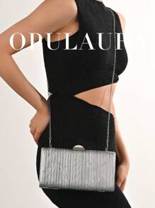 OpulAura 复古奢华手拿包，金色皮革褶皱设计时尚晚宴包，优雅正式派对钱包配链条，适合派对、婚礼和正式场合 - 銀色 - 查看 9