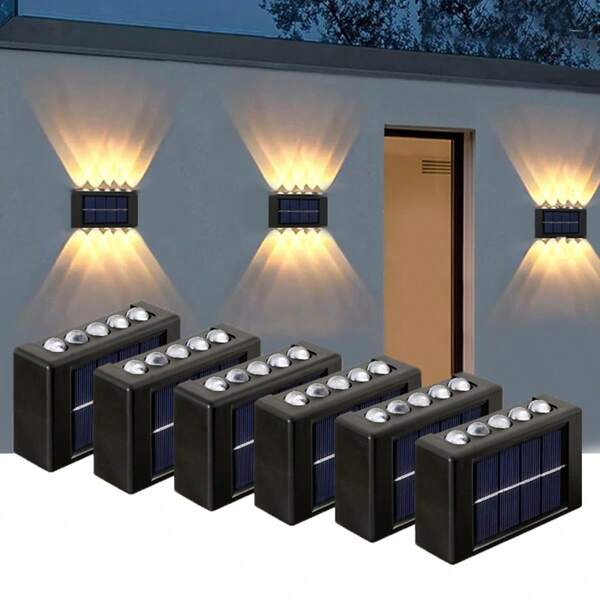1/2/4/6 piezas Luces solares de pared de 10 LED, iluminación hacia arriba y hacia abajo para ambiente en exteriores, patio, jardín, sendero, decoración de pared