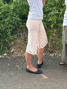Women Shorts, Summer Elastic Waist Solid Eyelets Casual Shorts Streetwear For Daily - 粉色 - 查看 7
