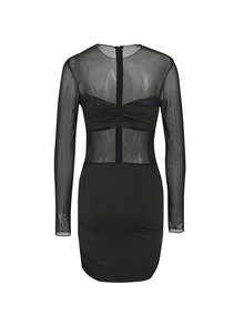 Sexy Round Neck Long Sleeve Mesh Pleated Bodycon Dress