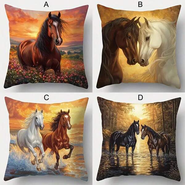 1 pieza Funda de almohada con diseño de caballo - Diseños vibrantes de puesta de sol y flores, ideal para la decoración de la sala de estar y el sofá, suave poliéster, cierre con cremallera (no se incluyen los insertos de almohada), accesorios para sofá | Diseño con tema de caballo | Imágenes evocadoras, decoración de caballos, decoración de otoño, decoración de otoño, decoración de la habitación