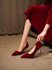 尖头设计惊艳的勃艮第婚鞋，精致高跟优雅新娘鞋，女士婚纱高跟鞋 - 酒紅色 - 查看 1