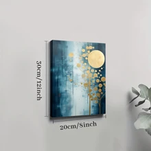 1pc Framed Canvas Poster, Blue - And - Gold - Moon - Tree - Abstract Wall Art Canvas Paintings, Ideal Gift For Bedroom Living Room Corridor, Wall Art, Room Decoration