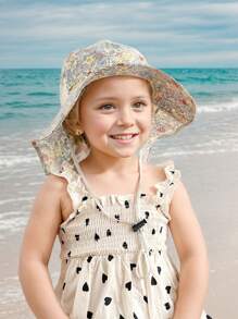 1 pieza Nuevo sombrero de sol con estampado floral pequeño para niña, ajustable, con correa a prueba de viento y malla transpirable, sombrero de playa de verano con pañuelo para niños