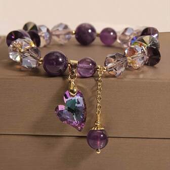 1 pieza Brazalete de amatista natural con brillos y colgante con cristal de circonia en forma de corazón, regalo para mujeres, niñas y novias para uso diario