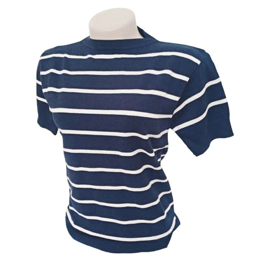 Striped Modal Blouse Short Sleeve Old Money Style Women's Fashion Spring Summer - Xanh navy với Trắng - Xem 1