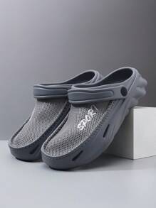 Sandalias de 2025 con ventilación, calzado tipo zuecos con tela de malla, bordado de letras en EVA y perforaciones, sandalias planas tipo Geta de madera retro para hombre para playa, boda, fiesta, oficina, gimnasio, hogar, clásico vintage de punta cerrada y slip-on, unicolor, talla grande - Gris - Ver 2