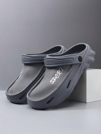 2025 New Breathable Sandals, Mesh Fabric Ventilation Letter EVA Embroidery Hollow-Out Clogs, Retro Men Flat Wooden Geta Slippers For Beach, Wedding, Party, Office, Gym, Home, Classic Vintage Closed Toe Slip-On, Solid Color, Plus Size