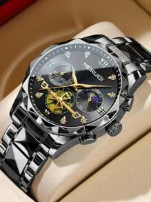 1 pieza Reloj de pulsera de cuarzo para hombres con correa de acero inoxidable, diseño de fase lunar, elegante y