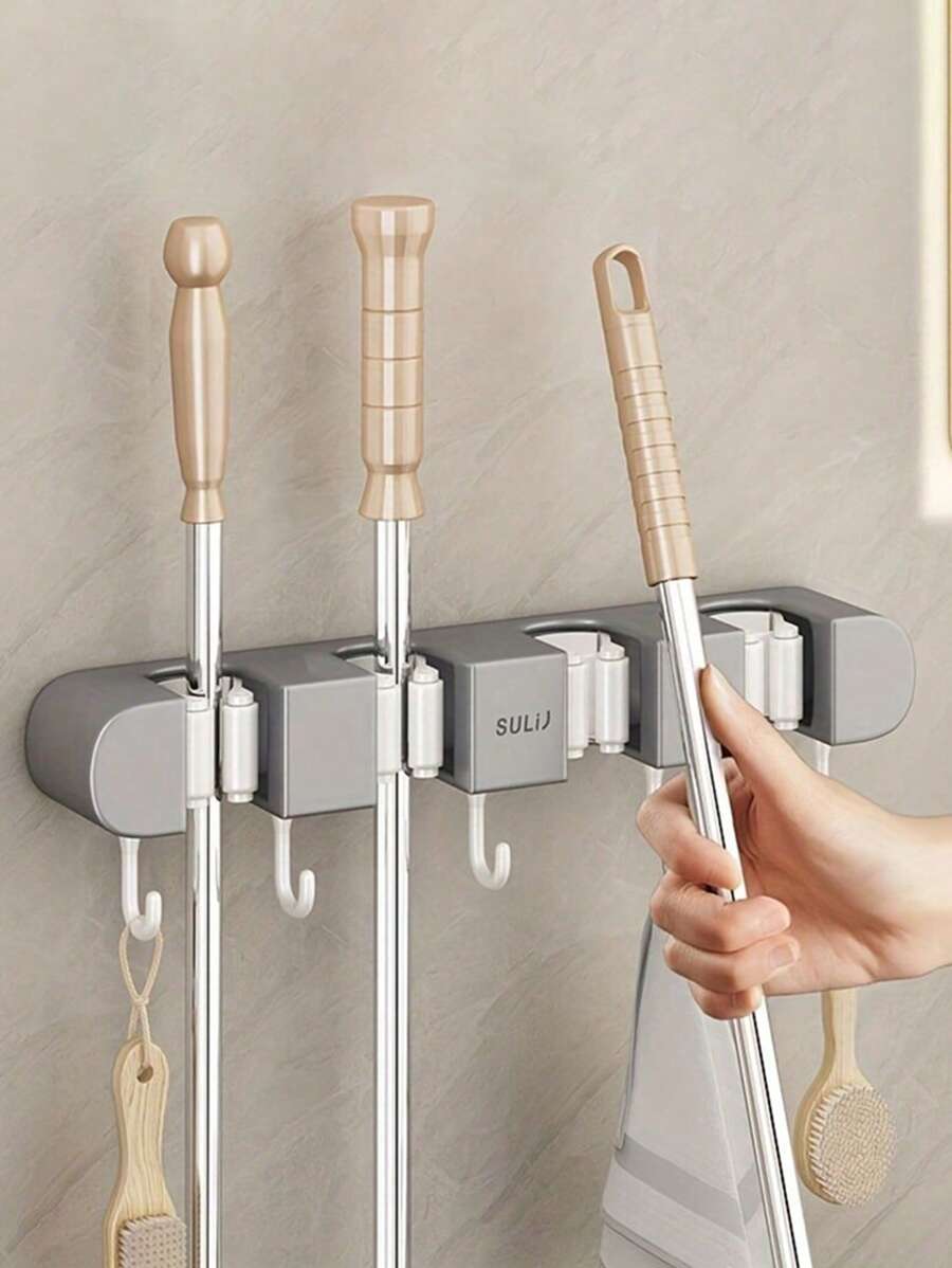 1 Stück 3 Fach/4 Fach Wandhalterung für Besen und Wischer für Badezimmer, Garten und Garage, bohrlochfrei, einfach zu installieren und praktischer Aufbewahrungsorganisator