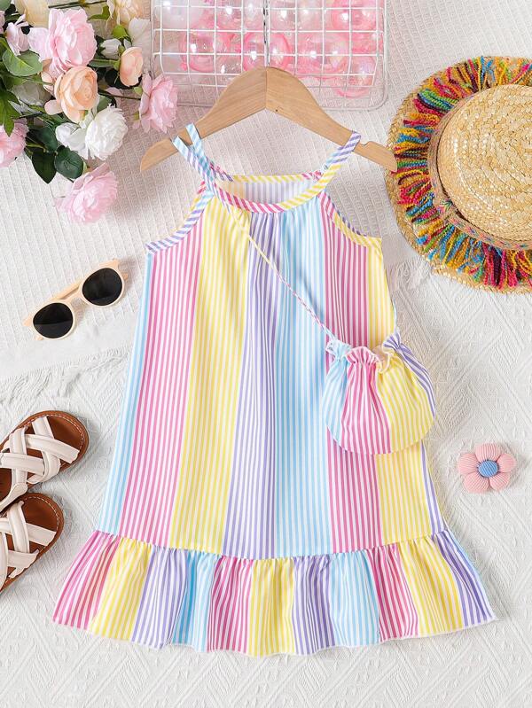 Young Girls Casual Sleeveless Striped Ruffled Hem Beach Dress + Bag