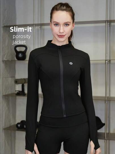 Slim Fit Full Zip Yoga Wear 80% Nylon 20% Spandex Knit Fabric-Higher Stretch Zipper Long Sleeve Jacket Solid Color Gym Running Exercise Clothing For All Seasons