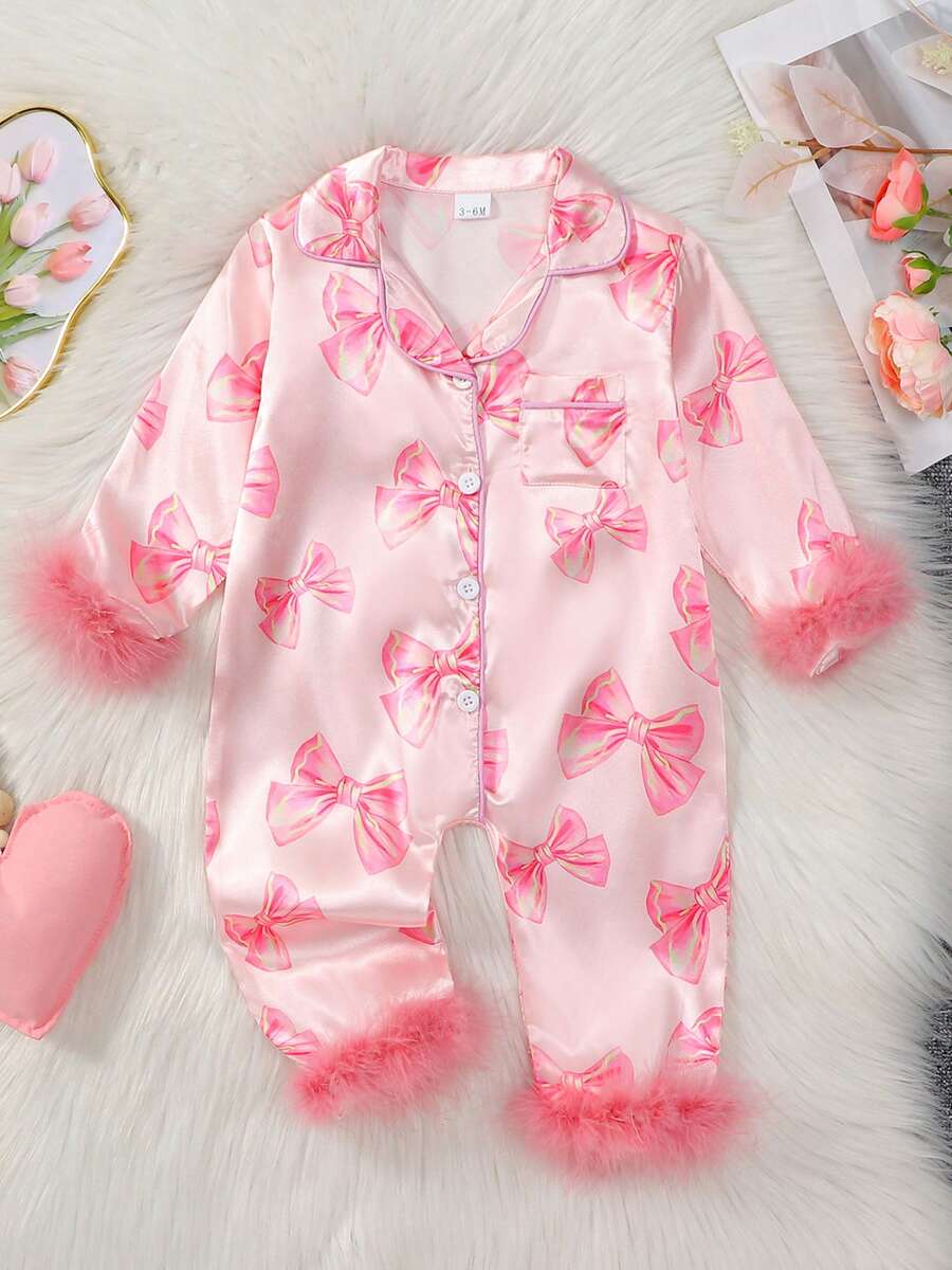 Baby Girls Rompers, Long Sleeve Bow Print Furry Patchwork Button Closure Jumpsuit - Pink - View 1