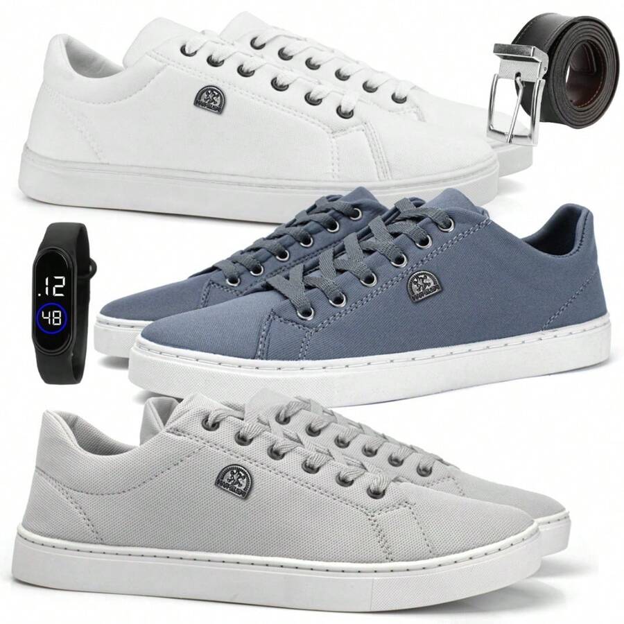 Kit 3 Men's Casual Sneakers Comfort Line Fashion Sneakers + Digital Watch And Formal Belt - Trắng - Chì và Xám - Xem 1