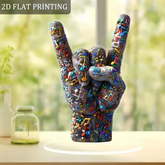 1 件波西米亚摇滚手势亚克力雕塑 - 充满活力的 2D 平面印刷品，带有彩色音符，非常适合音乐节、家居装饰和送给摇滚音乐爱好者的礼物，装饰雕塑 | 充满活力的设计 | 亚克力结构，吉他装饰