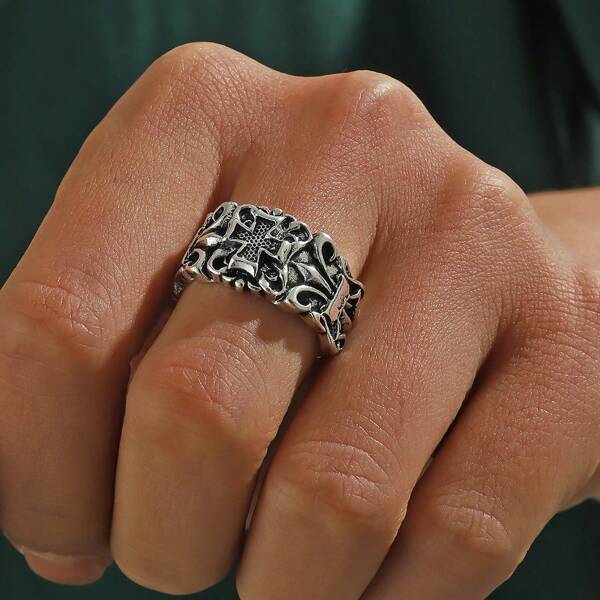 1pc Vintage Brass Cross Style Adjustable Ring For Men, Hiphop