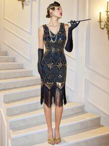 LVNES Women's Flapper Dresses 1920s Great Gatsby Sequin Fringed Roaring Cocktail Bodycon Graduation Dress - Black Gold - View 3