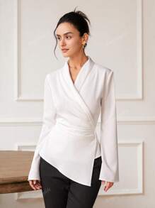 Blusa de manga larga con cuello en V y fruncido en la cintura para mujer, elegante y encantadora, ideal para verano