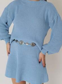 Women's Knit Set Short Asymmetrical Skirt And Puff Sleeve Blouse Fashion Blogger Foreign Autumn Winter Boho - 淺藍色 - 查看 4