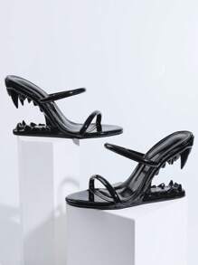Metallic Teeth Heels Mules For Women Fashion Open Toe Wedges High Heeled Slip On Party Sexy Slingback Slides Sandals Woman - màu đen - Xem 6