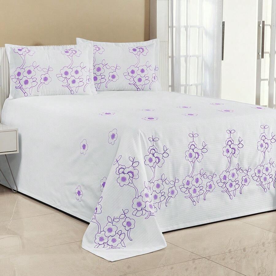 FLORÊNCIA Quilted Bedspread And Door Kit Piquet Honeycomb Embroidered - 白色 / 淡紫色 - 查看 1