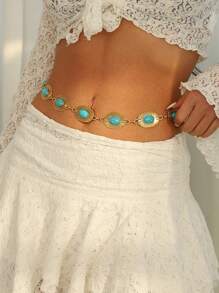 1 pieza Cadena de Body estilo bohemio para mujeres, cadena de cintura de metal vintage con diseño tallado - Multicolor - Ver 1