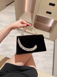 1pc Glamorous Sparkling Rhinestone & Feather Decor Flap Clutch Bag, Luxurious Diamond Evening Handbag For Formal Party/Wedding, Vintage Velvet Mini Clutch For Elegant Occasions, Perfect Gift Idea - Black - View 6