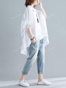 女士休闲蝙蝠袖短袖宽松衬衫，夏季舒适