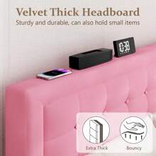THE Queen Size Bed Frame With Headboard, Platform Bed Frame With Velvet Upholstered Button Tufted Headboard, Wood Slats Support, No Box Spring Needed, Mattress Foundation, Easy Assembly, Pink