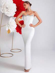 Elisanya Vestido de baile com strass, cintura alta, costas nuas, amarração e fenda, para baile de formatura, festa, noite, vestido de festa, vestido para convidada de casamento, vestido formal, vestido de noite - Branco - Ver 3