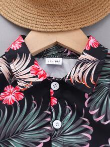 2 件套婴儿/幼儿男孩休闲热带图案印花翻领短袖衬衫和短裤套装，夏季