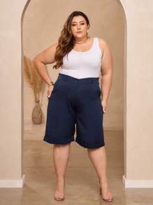 Plus Size BLVD Tailored Bermuda Shorts With High Waist, Elastic Waistband With Adjuster And Knife Pockets - 藏蓝色 - 查看 4