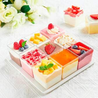 100pcs (50 Cups + 50 Lids) Mousse Cube Cups, Jelly Cups, Square Pudding 5oz/150ml Dessert Table Transparent Tic-Tac-Toe Pattern Trifle Cups, Wedding Party Dessert Table Decor Mini Cake Boxes