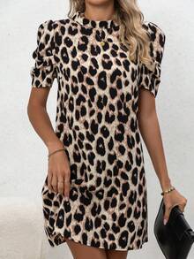 New Women's Leopard Print Round Neck Puff Sleeve Casual Short Sleeve Dress, Spring/Summer